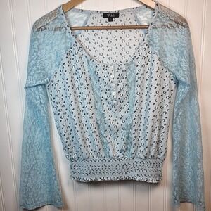 Y2K DEB FROST BLUE BOHO FAIRY FLORAL LACE SMOCKED BOTTOM TOP SMALL